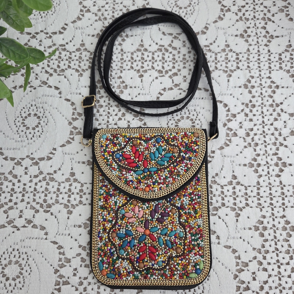 Hand-Beaded Artisan Floral Cell Phone Crossbody Bag